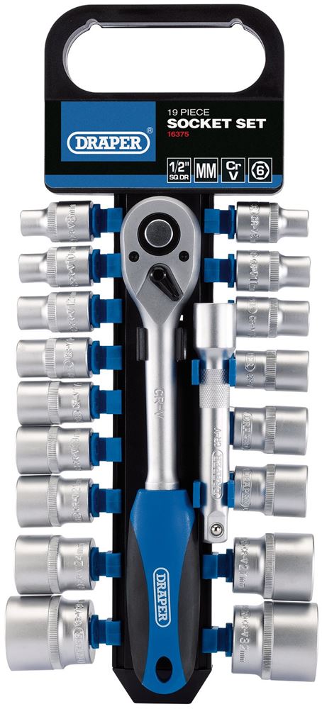 16375 Draper Metric Socket and Ratchet Set, 1/2 Sq. Dr. (19 Piece) HD19M/PR Socket Set Satin Chrome Socket Sets Professional Trade DIY Workshop Gara