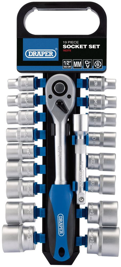 16375 Draper Metric Socket and Ratchet Set, 1/2 Sq. Dr. (19 Piece) HD19M/PR Socket Set Satin Chrome Socket Sets Professional Trade DIY Workshop Gara