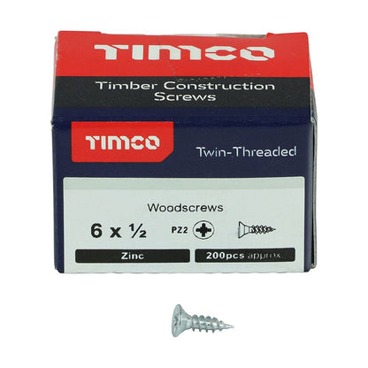 TIMCO Twin Woodscrew PZ2 CSK Zinc 6 x 1/2 Silver Pack 200