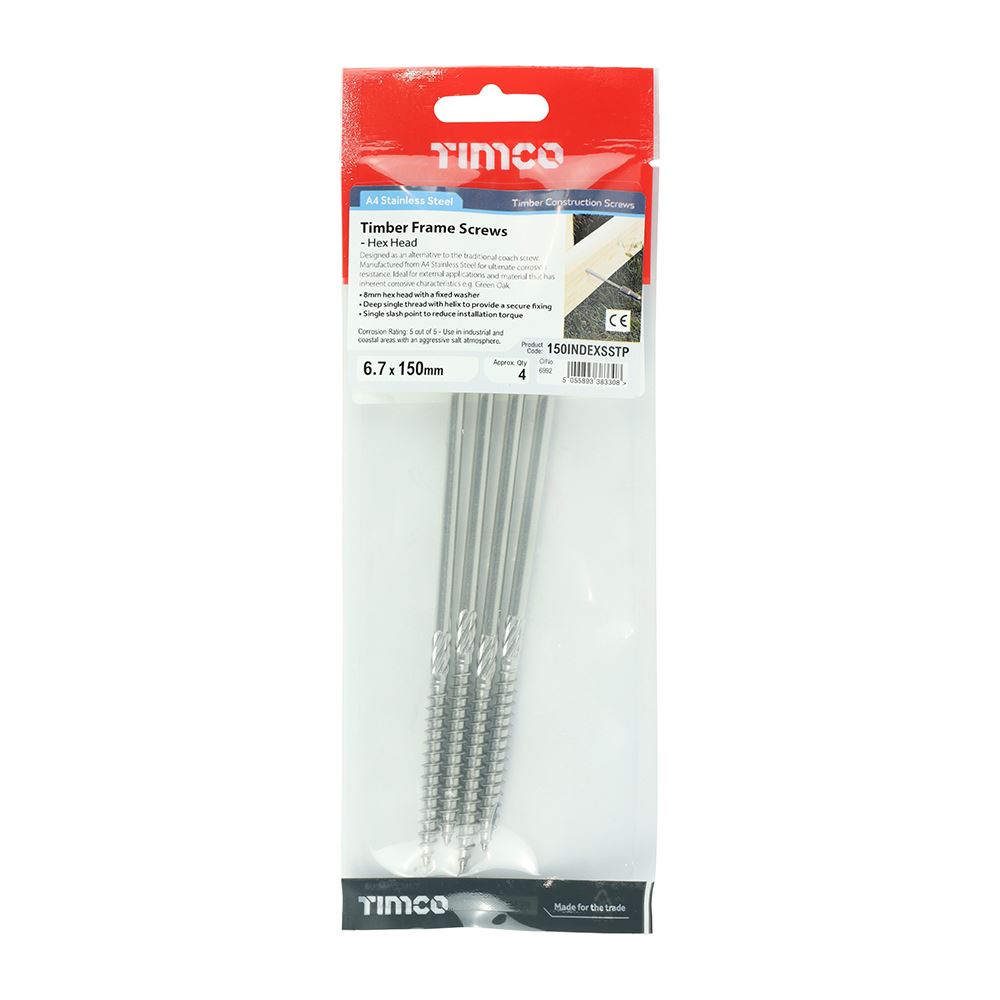 TIMCO Hex Head Timber Screw - A4 SS 6.7 x 150 Pack 4
