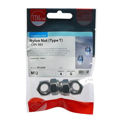 TIMCO T Nylon Nut DIN 985 - A2 SS M12 Pack 4