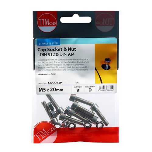 TIMCO Cap Socket & Nut - A2 SS M5 x 20 Pack 8