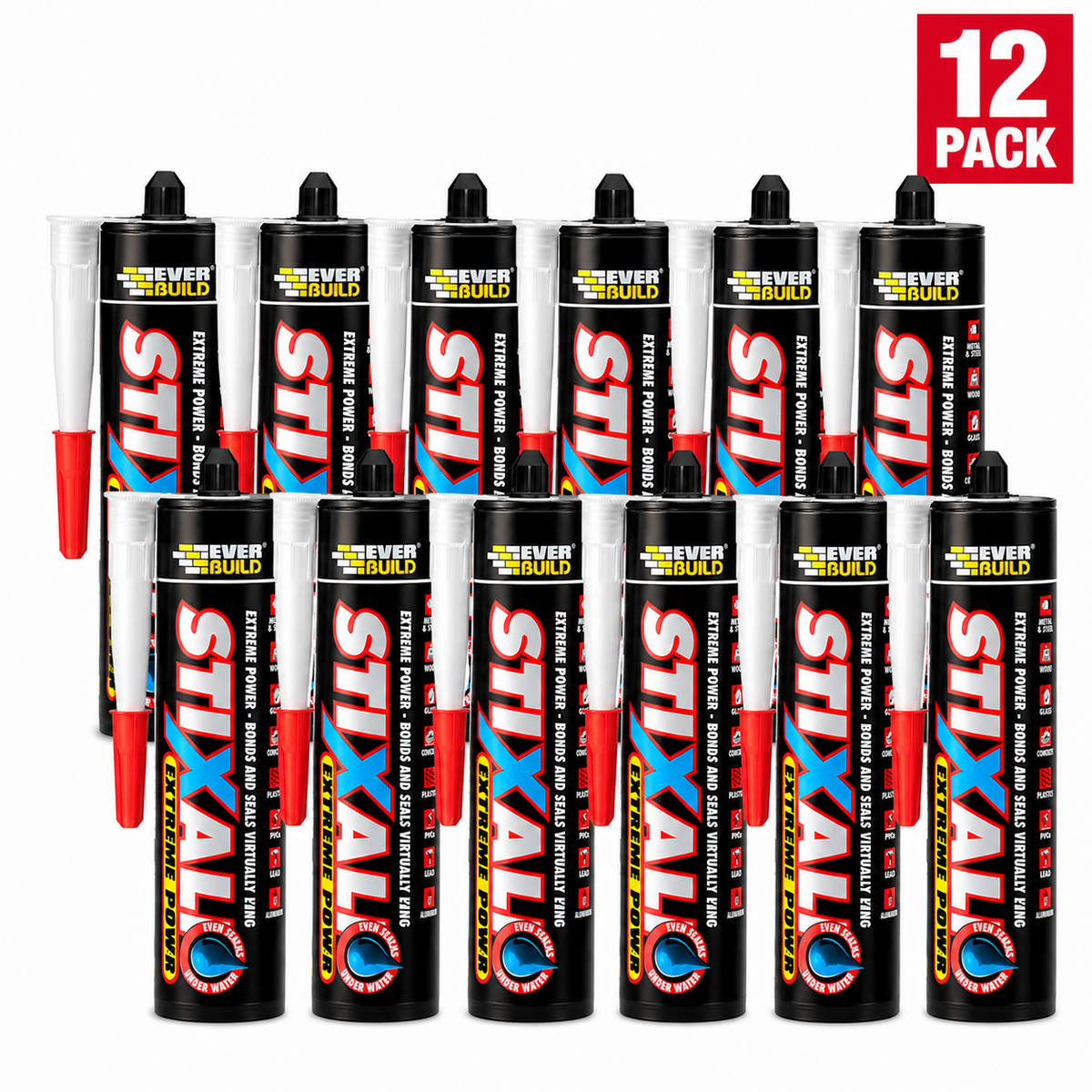 Sika Everbuild Stixall Black 290ml Hybrid Polymer Grab Adhesive and Sealant 12 Pack for Building Repairs Panel Bonding and Gap Filling