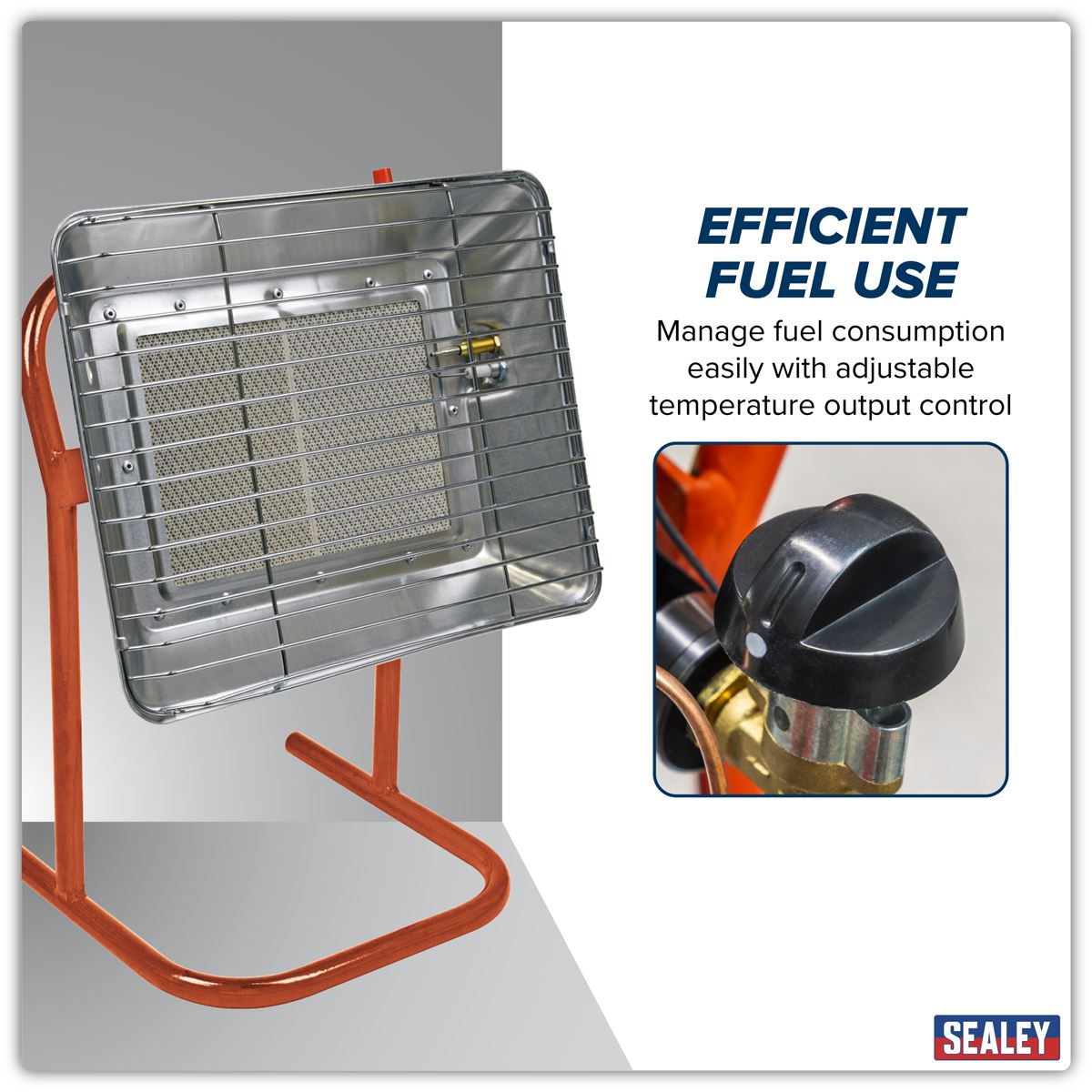 Sealey LP14 Propane Heater with Stand 14,330Btu/hr | 14,330Btu/hr(4.2kW) | Steel tube stand with built-in handle. | Automatic shut-off prevents