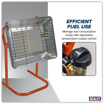 Sealey LP14 Propane Heater with Stand 14,330Btu/hr | 14,330Btu/hr(4.2kW) | Steel tube stand with built-in handle. | Automatic shut-off prevents