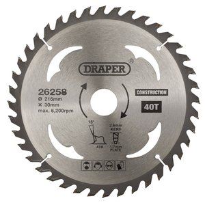 Draper TCT SAW BLADE 216MM 40T CONS 26258 TCT Construction Circular Saw Blade, 216 x 30mm
