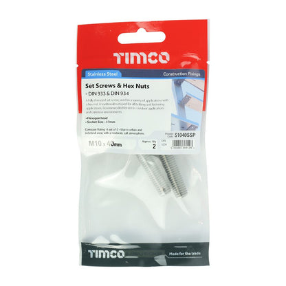 TIMCO Set Screw & Hex Nut - A2 SS M10 x 40 Silver Pack 2