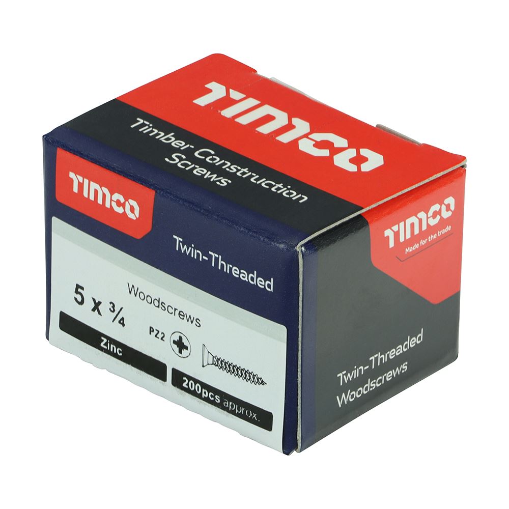 TIMCO Twin Woodscrew PZ2 CSK Zinc 5 x 3/4 Silver Pack 200