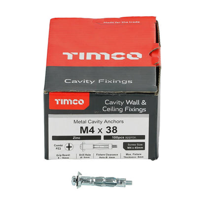 TIMCO Metal Cavity Anchor Zinc M4 x 38 (45mm Screw) Silver Pack 100