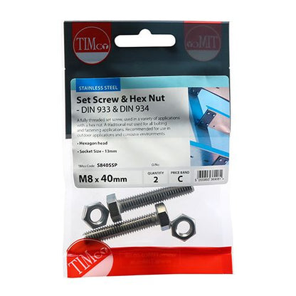 TIMCO Set Screw & Hex Nut - A2 SS M8 x 40 Silver Pack 2