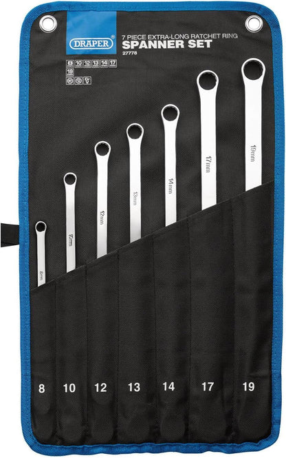 Draper 7PC LONG RATC RING SPANNER SET 27778 27778 HI-TORQÂ® Metric Extra-Long Double Ring Ratchet Spanner Set (7 Piece)