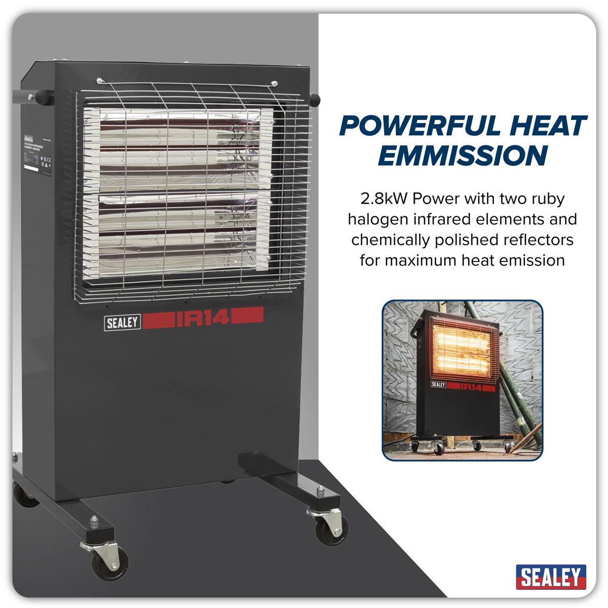 Sealey IR14 Infrared Cabinet Heater 1.4/2.8kW 230V | 1400/2800W, 230V-13A, Thermostat, Timer, Adjustable | Powder coated metal cabinet with two ruby