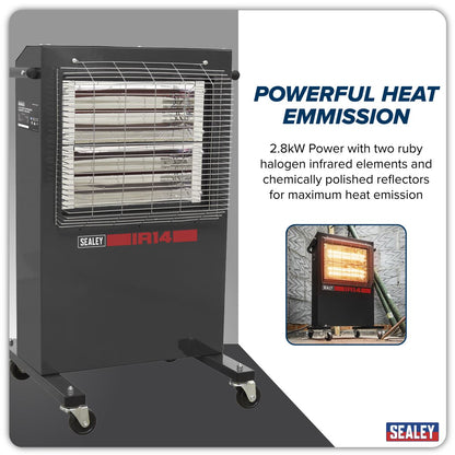 Sealey IR14 Infrared Cabinet Heater 1.4/2.8kW 230V | 1400/2800W, 230V-13A, Thermostat, Timer, Adjustable | Powder coated metal cabinet with two ruby