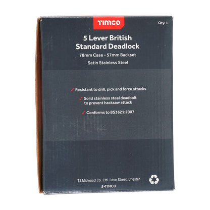 TIMCO 5 Lever BS Deadlock SS Sat. 78mm Pack 1