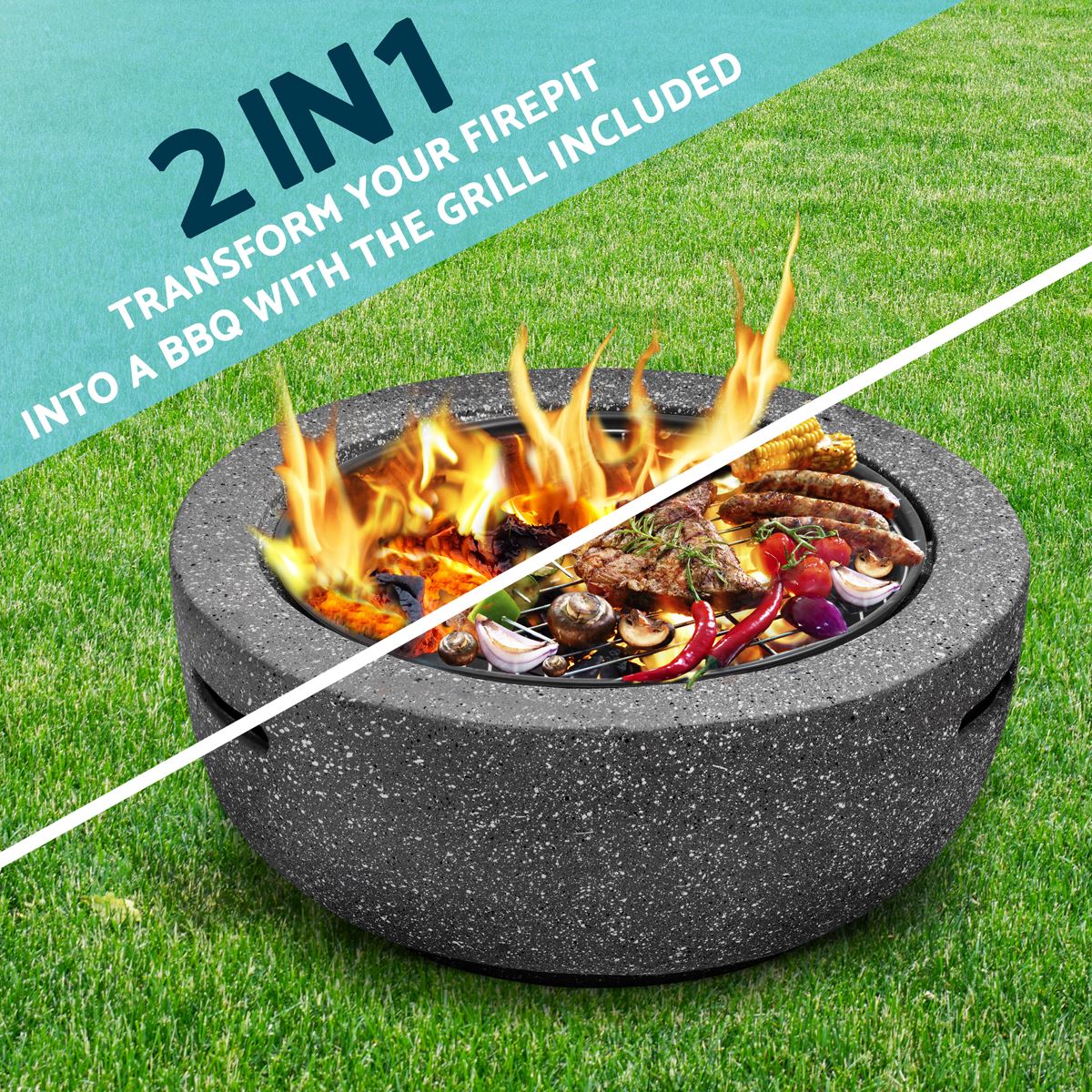 Dellonda DG189 Round MgO Fire Pit with BBQ Grill & Safety Mesh Screen 60cm - Dark Grey | Magnesium Oxide | The fire pit is made from MgO (Magnesium