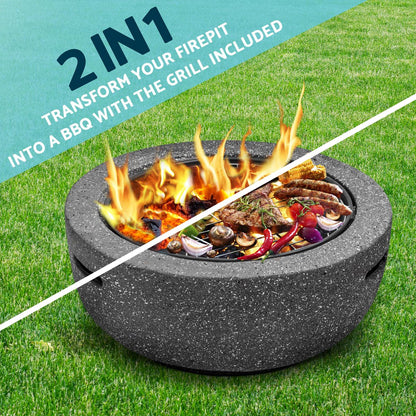 Dellonda DG189 Round MgO Fire Pit with BBQ Grill & Safety Mesh Screen 60cm - Dark Grey | Magnesium Oxide | The fire pit is made from MgO (Magnesium