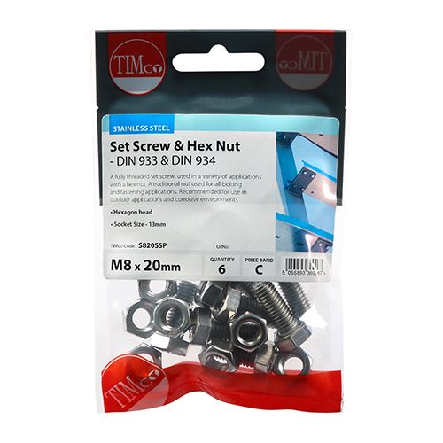TIMCO Set Screw & Hex Nut - A2 SS M8 x 20 Silver Pack 6