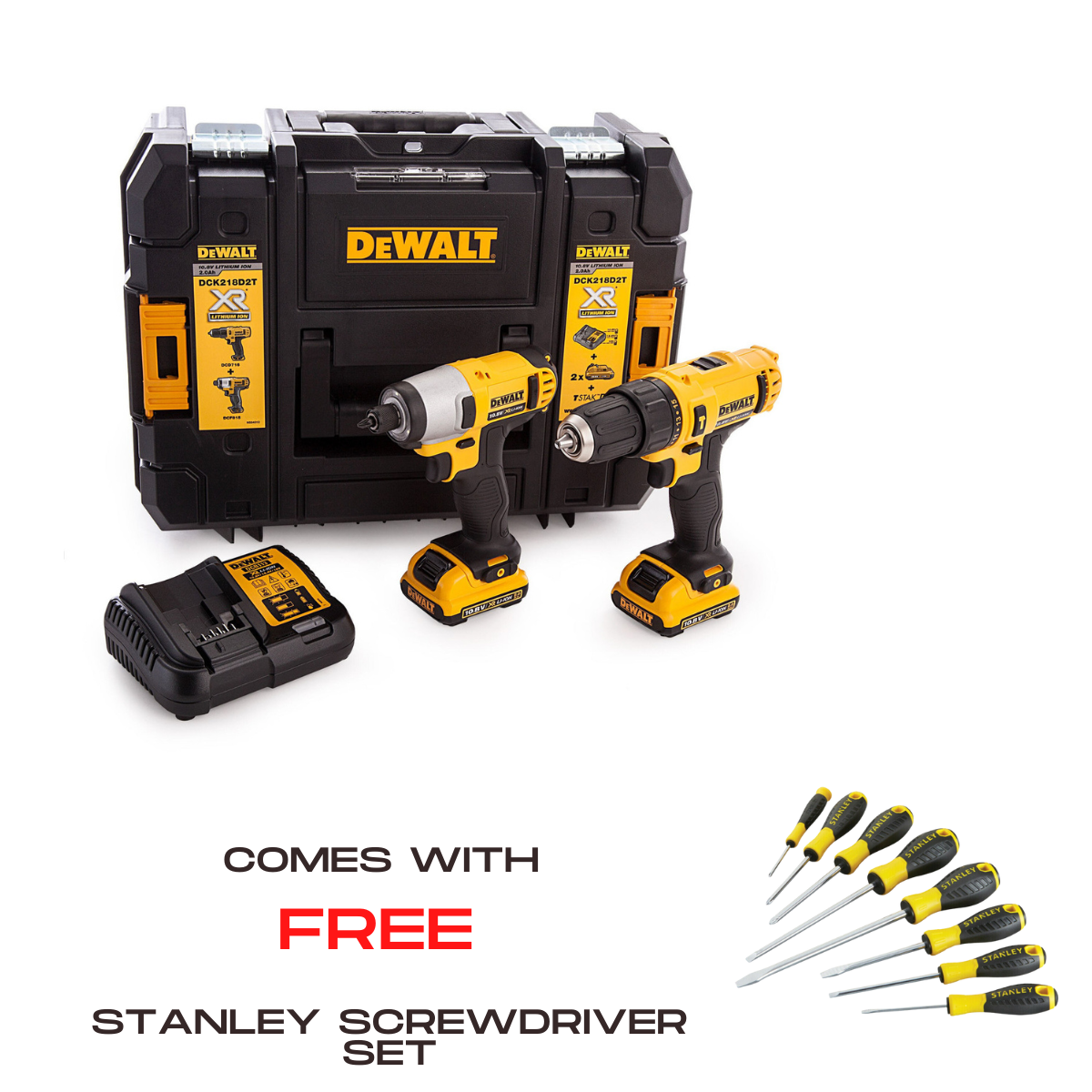 Dewalt DCK218D2T 10.8V XR Combi Drill & Impact Driver Twin Pack (2 x 2.0Ah Batteries) with Free Screwdriver Set
