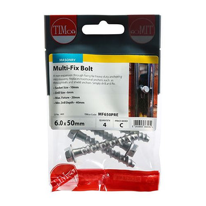 TIMCO Multi-Fix Bolt Hex Flange Head 6.0 x 50 Silver Pack 4