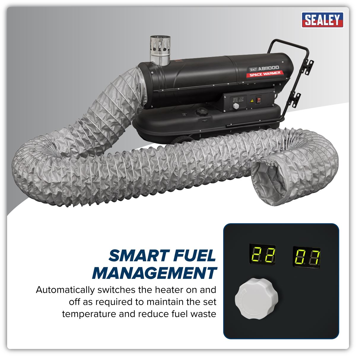 Sealey ABI1000COMBO Space Warmer Indirect Kerosene/Diesel Heater 102,000Btu/hr with 5M Ducting | 102,360Btu/hr(30kW), 230V ~ 50Hz, Thermostat, Wheels