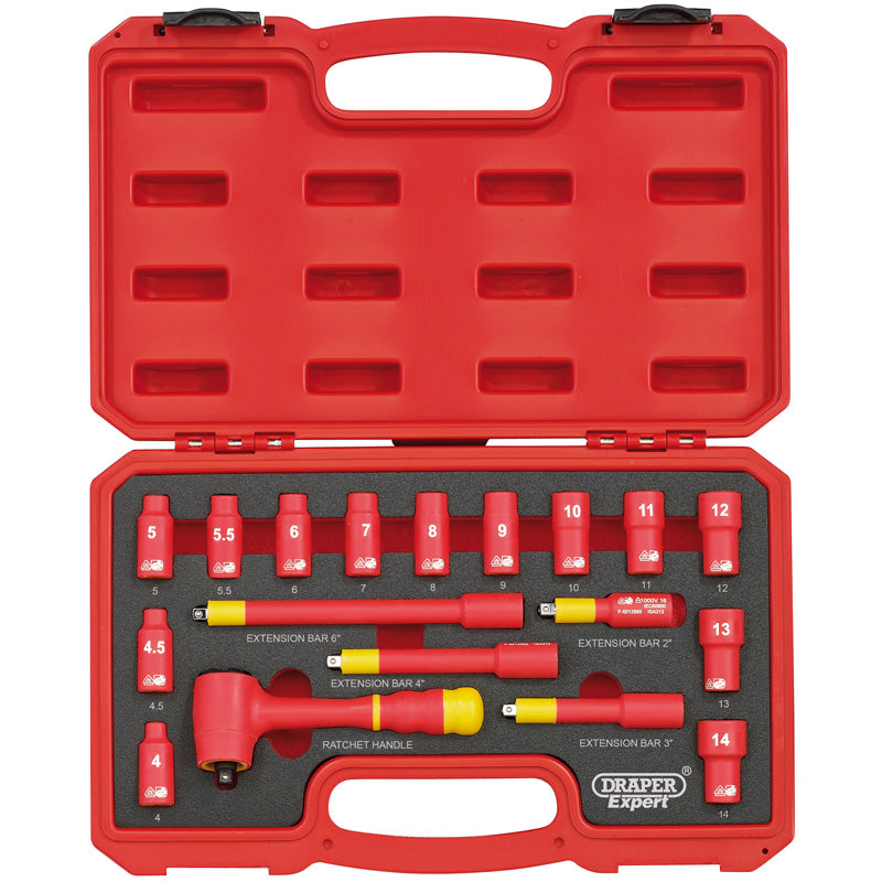 DRAPER 31037 - VDE Approved Fully Insulated Metric Socket Set, 1/4" Sq. Dr. (18 Piece)