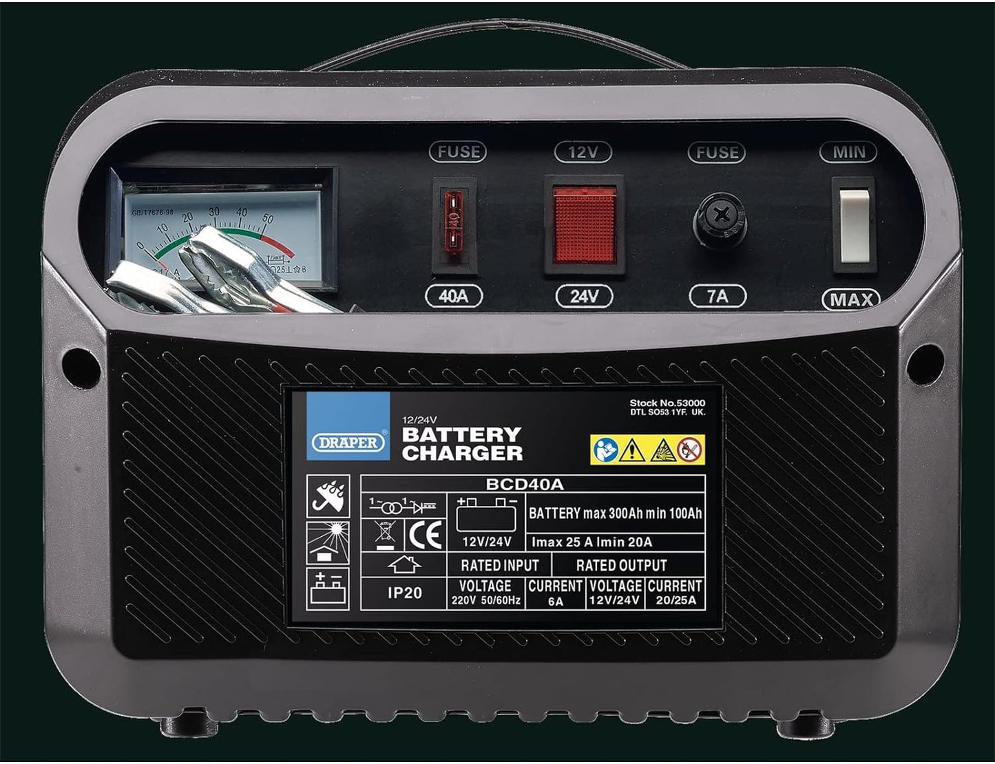 Draper 53000 12/24V Battery Charger, 20-25A, Blue and Black