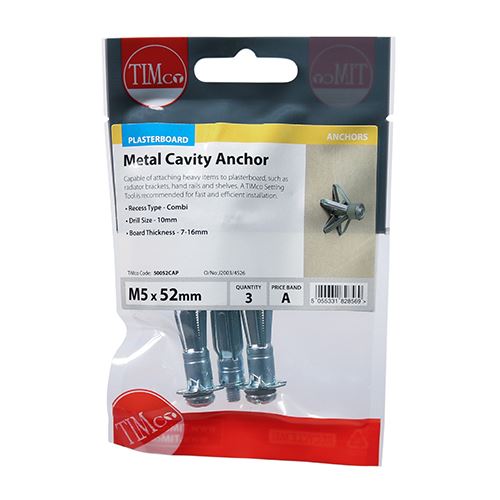 TIMCO Cavity Anchor - BZP M5 x 52 (60mm Screw) Silver Pack 3