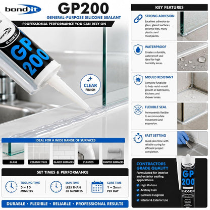 Bond It GP200 General Purpose Silicone Sealant 275ml – All Colours – Waterproof, Fast Setting and Mould Resistant for Interior and Exterior Use