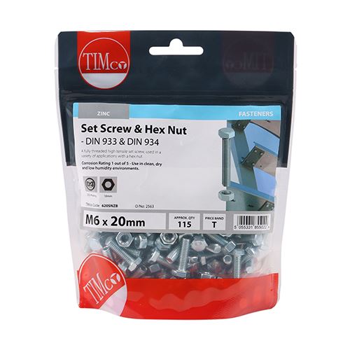 TIMCO Set Screw & Hex Nut - BZP M6 x 20 Silver Pack 115