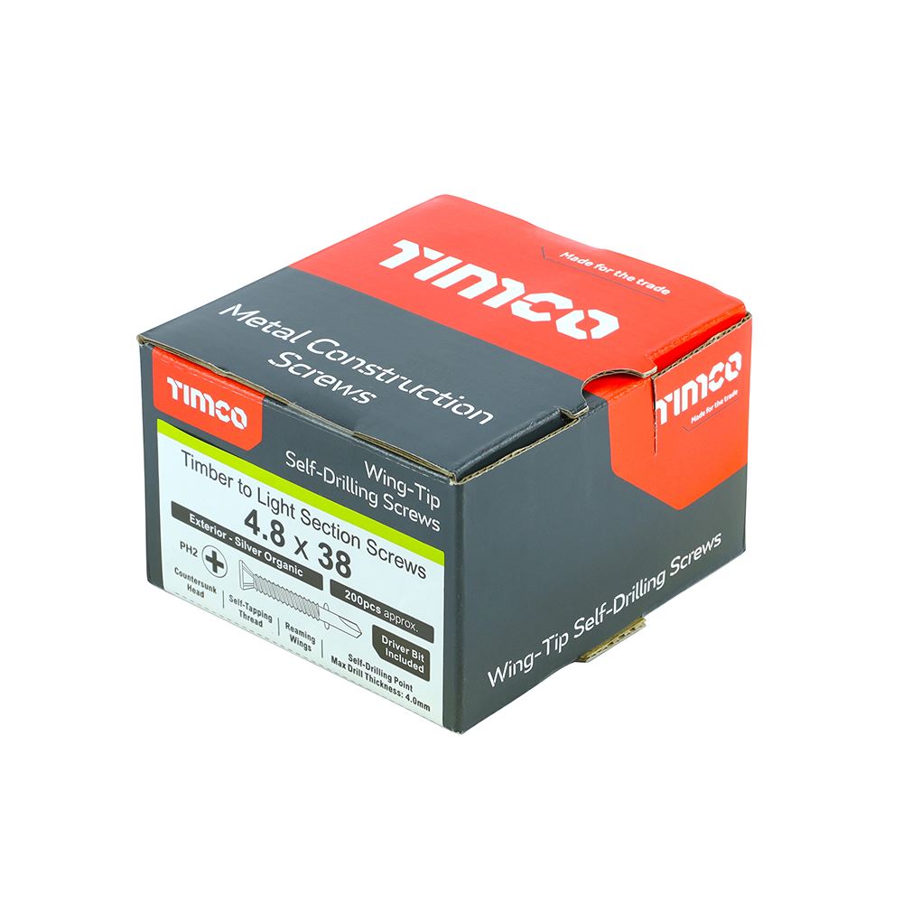 TIMCO WingTip Screw S/DRILL No3 EXT 4.8 x 38 Silver Pack 200