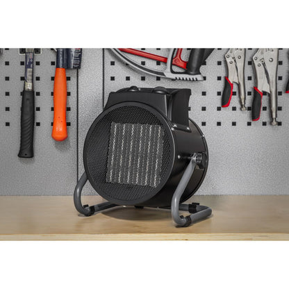 Sealey PEH3001 Industrial PTC Fan Heater 3000W/230V | 10,000Btu/hr, 1500/3000W, 230V - 16A, Thermostat | Features PTC heat conducting ceramic elements