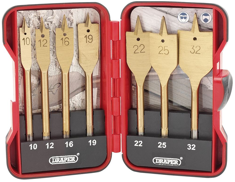18560 Draper Titanium Nitride Coated Flat Wood Bit Set (7 Piece) EBS7WOOD Drill Bit Set Drill Bit Sets Professional Trade DIY Workshop Garage Use