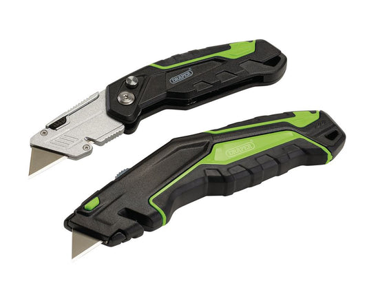 04773 Draper Retractable and Folding Trimming Knife Set with 10 x SK2 Two Notch Blades Folding Knives Professional Trade DIY Workshop Garage Use