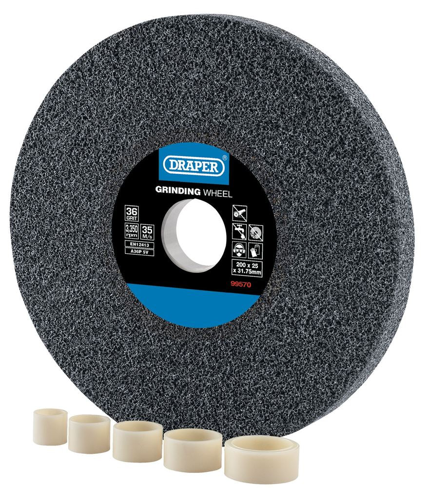 Draper GRINDING WHEEL 36G 200X25MM 99570 Aluminium Oxide Bench Grinding Wheel 36G (200mm x 25mm)