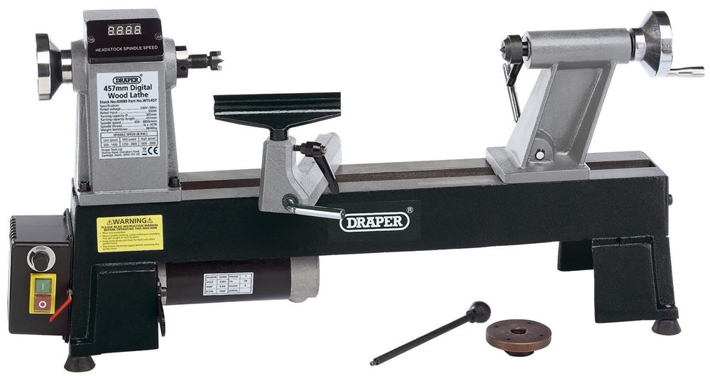 Draper 457MM COMPACT WOODLATHE 18 60989 60989 Compact Digital Variable Speed Wood Lathe, 550W