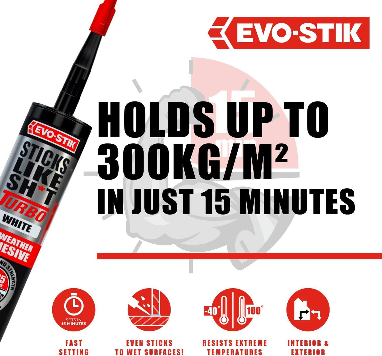 EVO-STIK Sticks Like Sh*t Turbo Adhesive, White , All Weather, Fast Setting, Extreme Temperature & Movement Resistant, 290ml