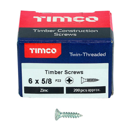 TIMCO Twin Woodscrew PZ2 CSK Zinc 6 x 5/8 Silver Pack 200