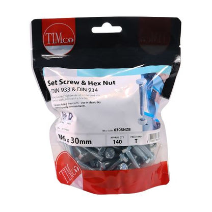 TIMCO Set Screw & Hex Nut - BZP M6 x 30 Silver Pack 140