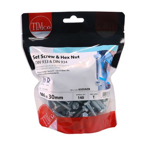 TIMCO Set Screw & Hex Nut - BZP M6 x 30 Silver Pack 140