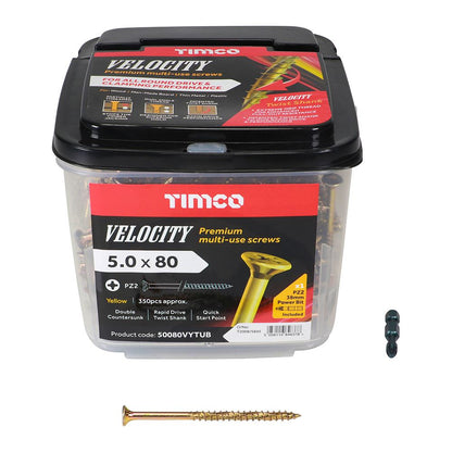 TIMCO Velocity Screw PZ2 CSK ZYP 5.0 x 80 Gold Pack 350