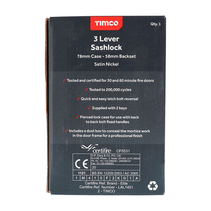 TIMCO 3 Lever Sashlock Sat. Nickel 78mm Pack 1