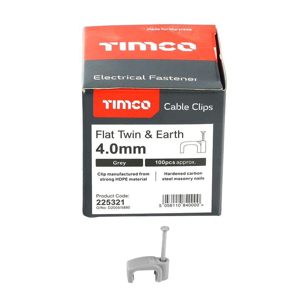 TIMCO Flat Twin&Earth Cable Clip GRY To fit 4.0mm Grey Pack 100