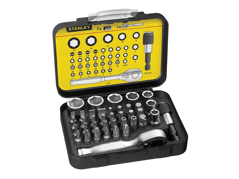 STANLEY 1-13-906 Bit & Socket Set of 39 + Ratchet Metric 1/4 Drive