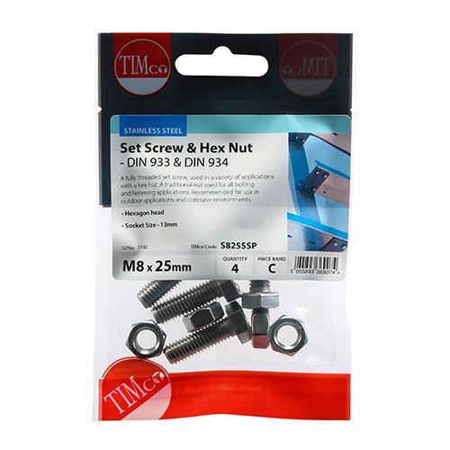 TIMCO Set Screw & Hex Nut - A2 SS M8 x 25 Silver Pack 4