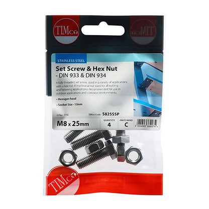 TIMCO Set Screw & Hex Nut - A2 SS M8 x 25 Silver Pack 4