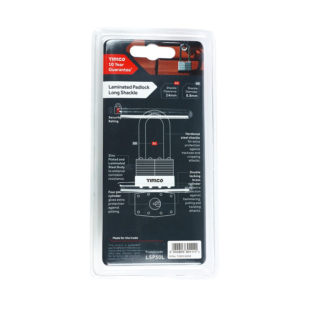 TIMCO Long Shackle Laminated Padlock 50mm Pack 1