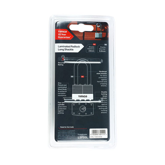 TIMCO Long Shackle Laminated Padlock 50mm Pack 1