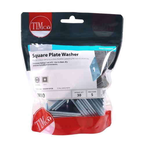 TIMCO Square Plate Washer - BZP M10 x 50 x 50 x 3 Silver Pack 30