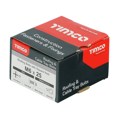 TIMCO Roofing Bolt & SQ Nut Zinc M6 x 25 Silver Pack 100