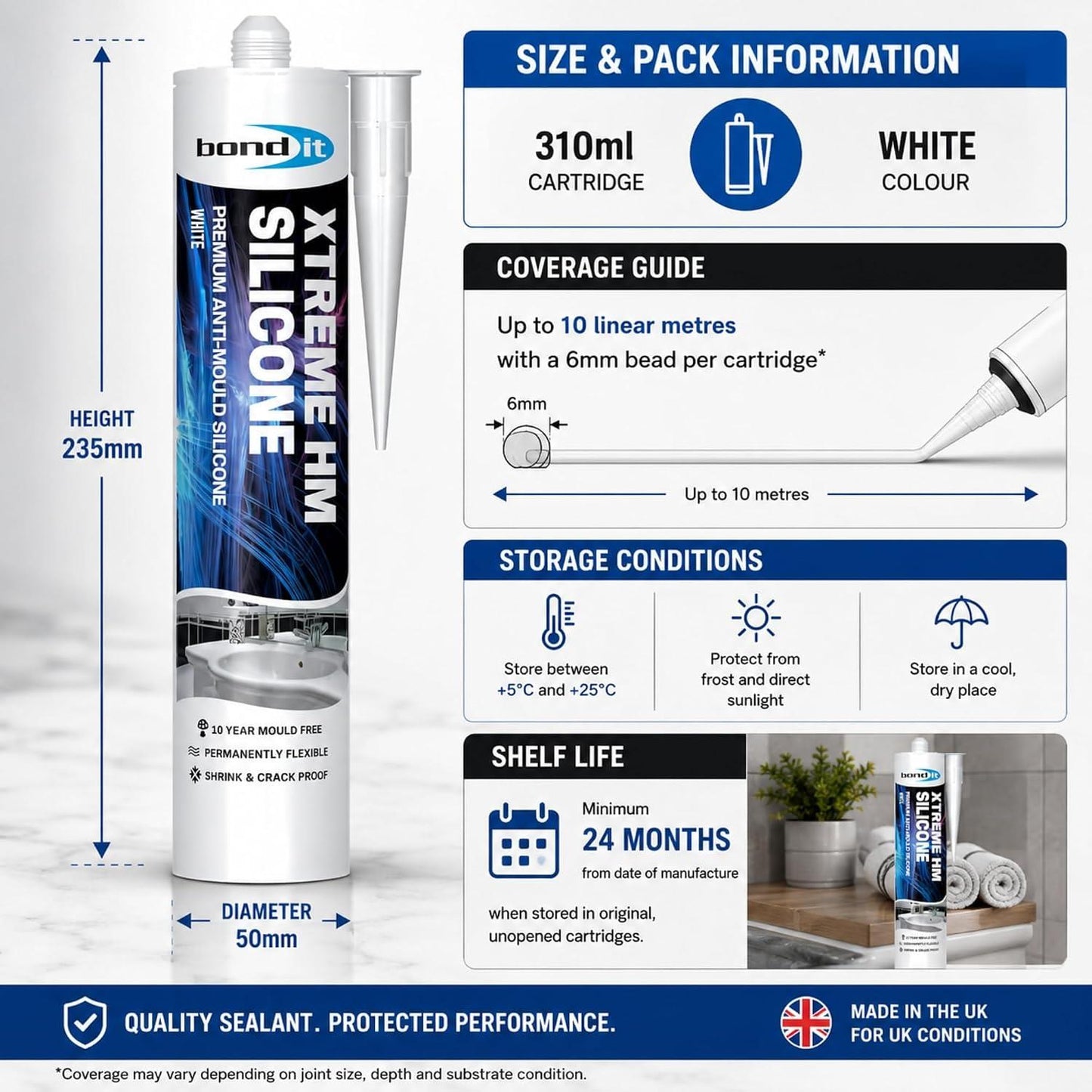 Bond It Extreme Sanitary Sealant – Anti Mould Bathroom & Kitchen Sealant, White Clear Grey